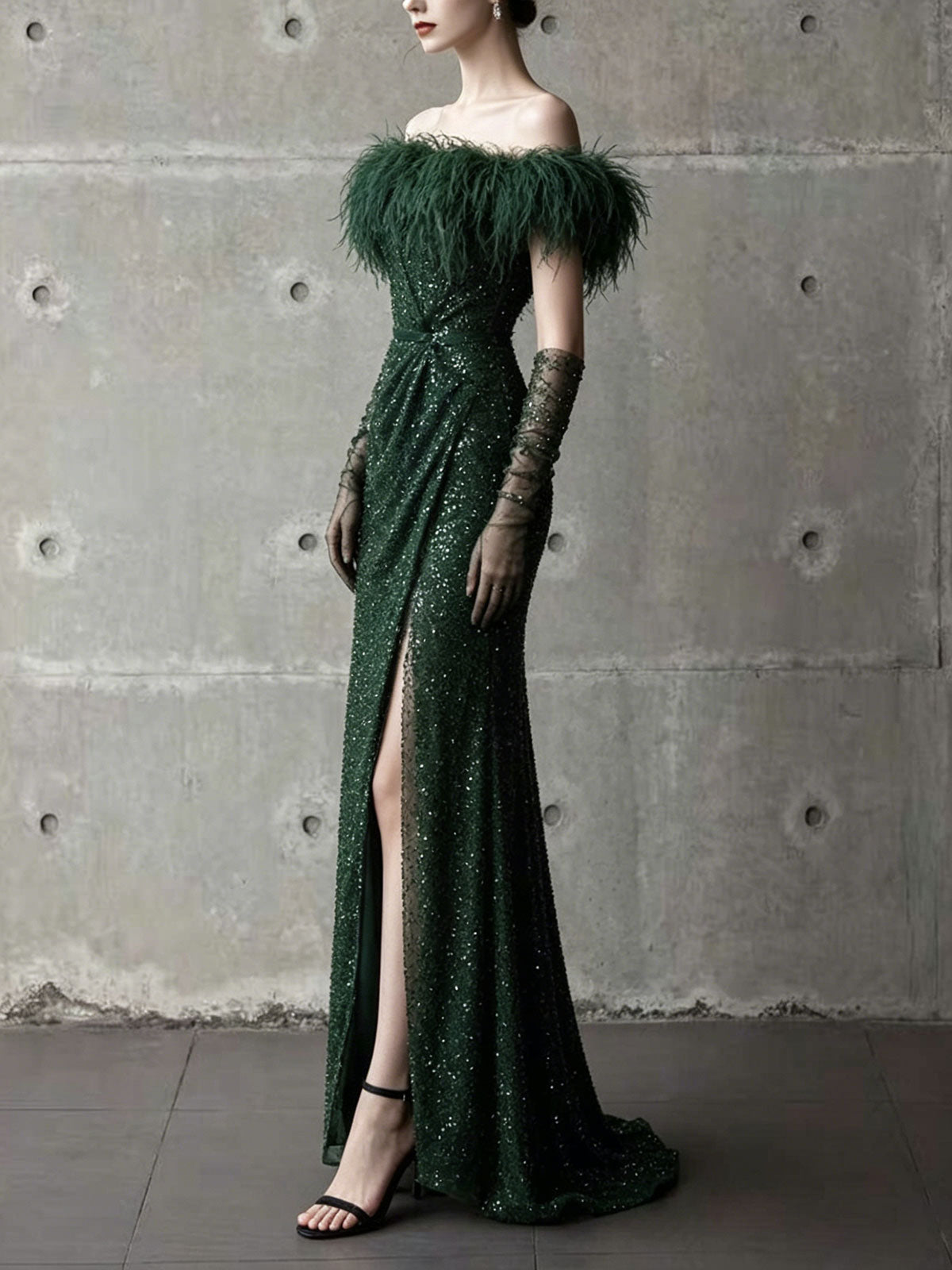 Emerald Green Off-the-Shoulder Feather Trim Sequin Mermaid Evening Gown