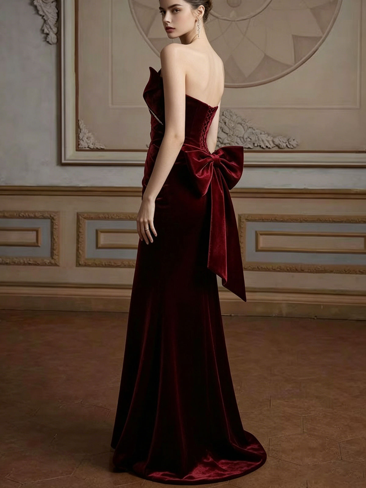 Burgundy Strapless Draped Satin Mermaid Evening Gown with Rhinestone Stripe & Back Bow