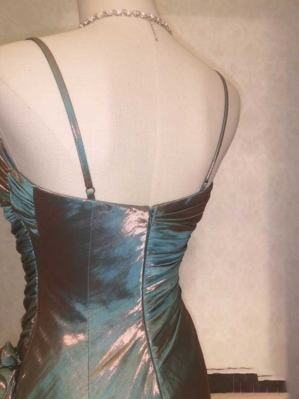 Teal Metallic Ruffled Midi Dress with Floral Accent