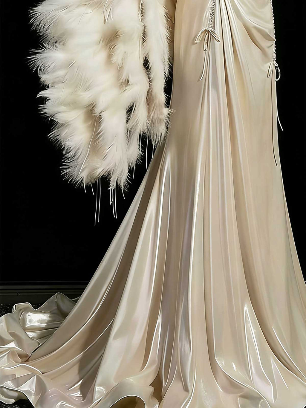 Luxury Champagne Satin Mermaid Evening Gown with Feather Shawl