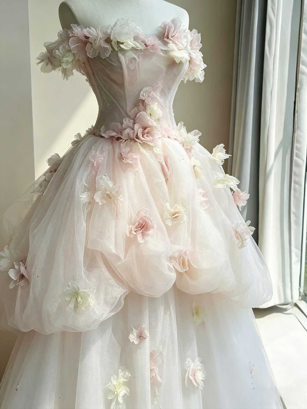Blush Pink 3D Floral Applique Strapless A-Line Wedding Dress with Train