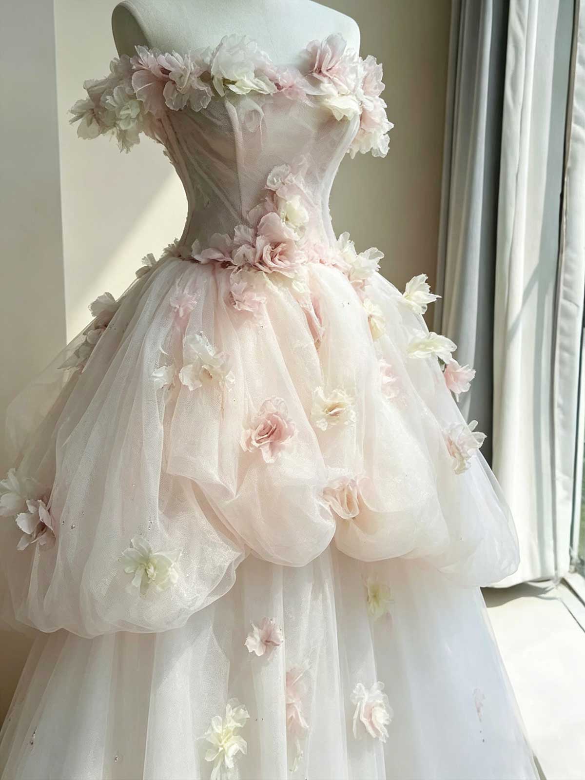 Blush Pink 3D Floral Applique Strapless A-Line Wedding Dress with Train