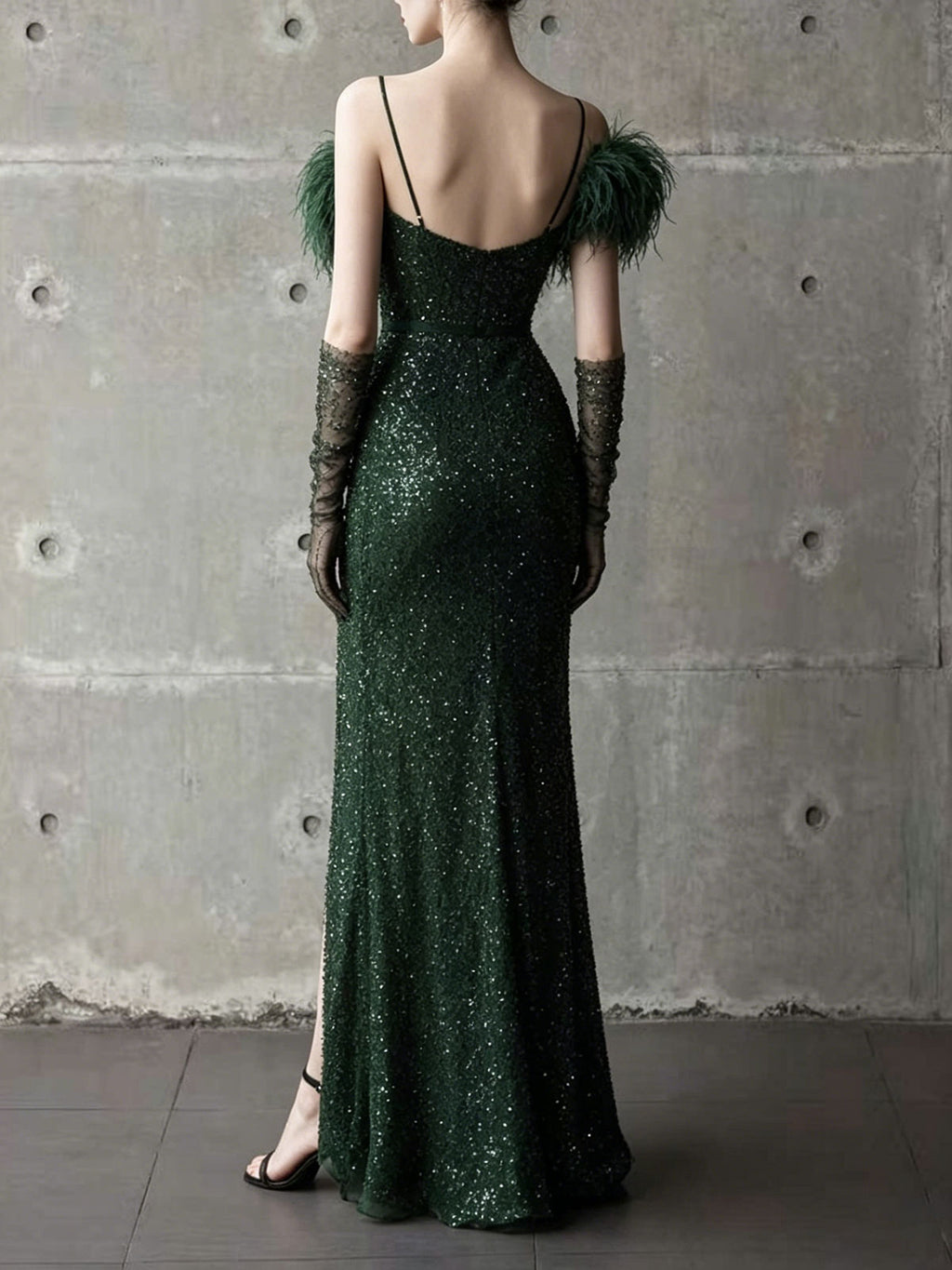 Emerald Green Off-the-Shoulder Feather Trim Sequin Mermaid Evening Gown