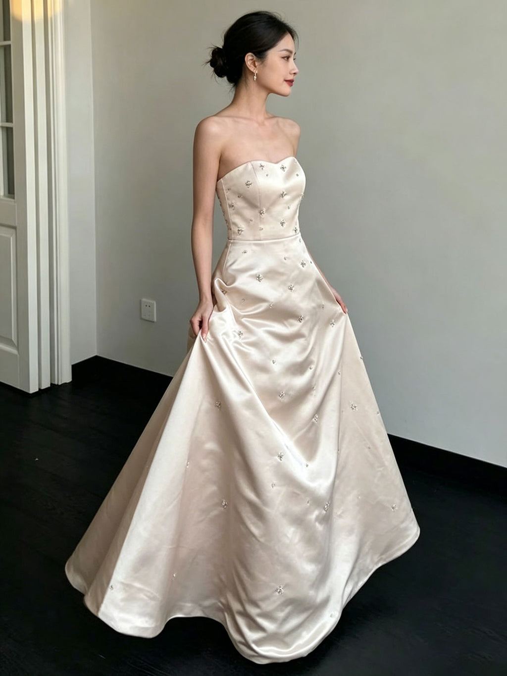 Strapless Satin Star Beaded A-Line Floor Length Evening Gown