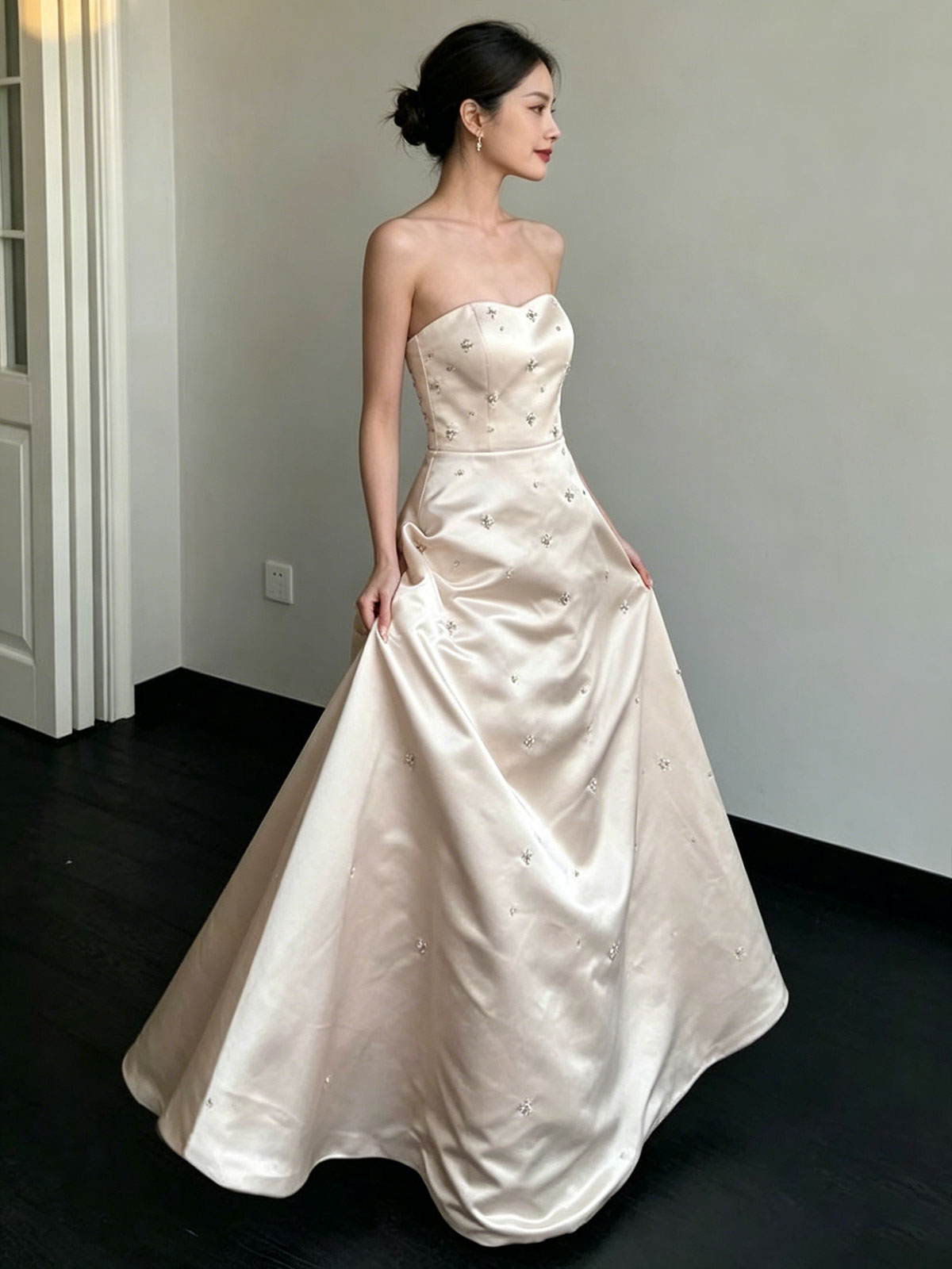 Strapless Satin Star Beaded A-Line Floor Length Evening Gown