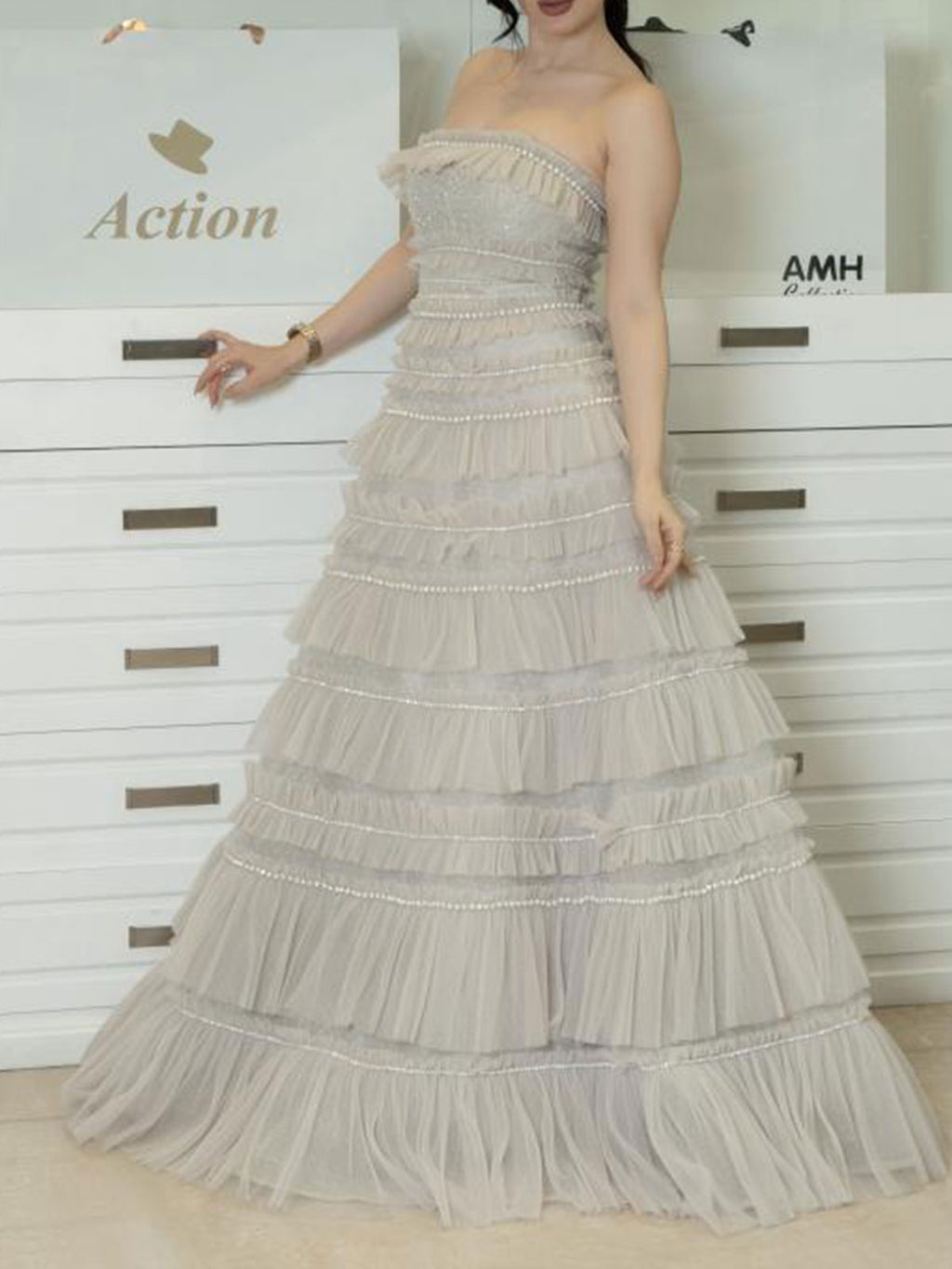 Strapless Grey Pearl Ruffle Tiered Tulle A-Line Evening Gown