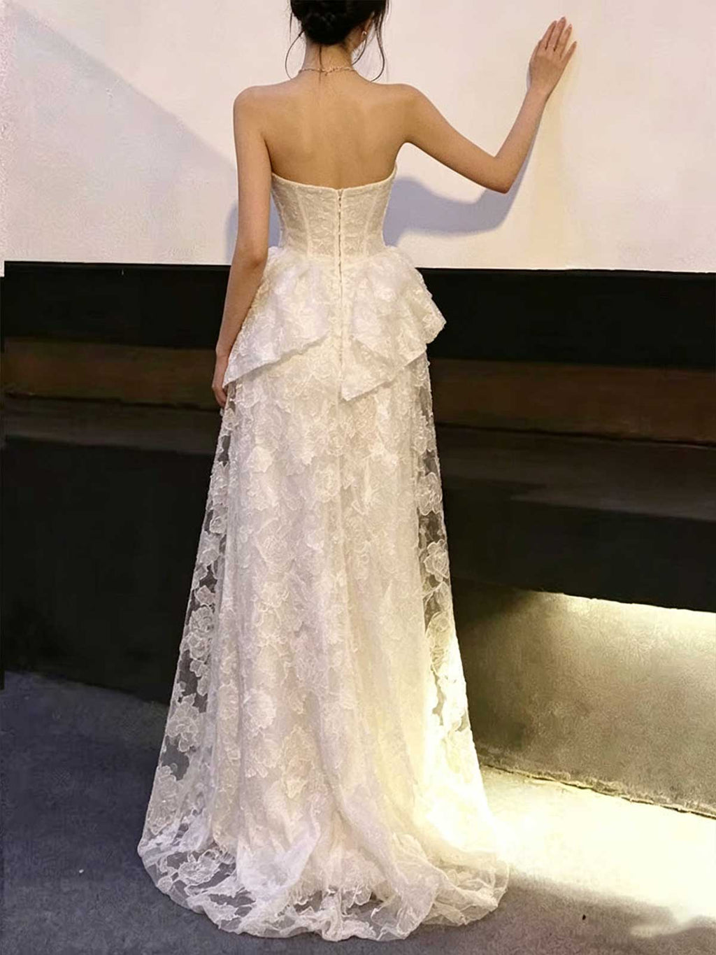 Ivory Satin Strapless Mermaid Wedding Dress with 3D Floral Overskirt