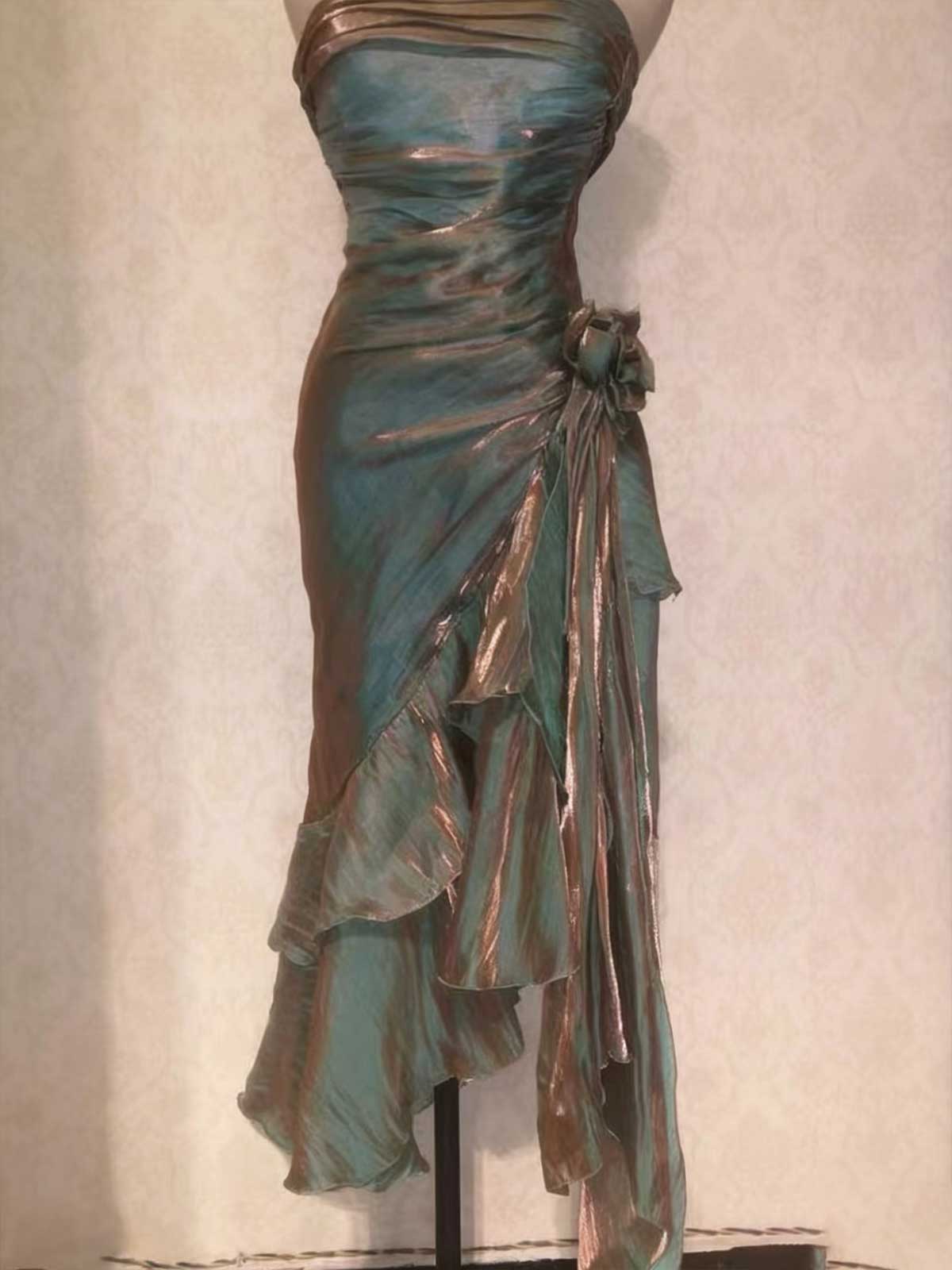 Teal Metallic Ruffled Midi Dress with Floral Accent