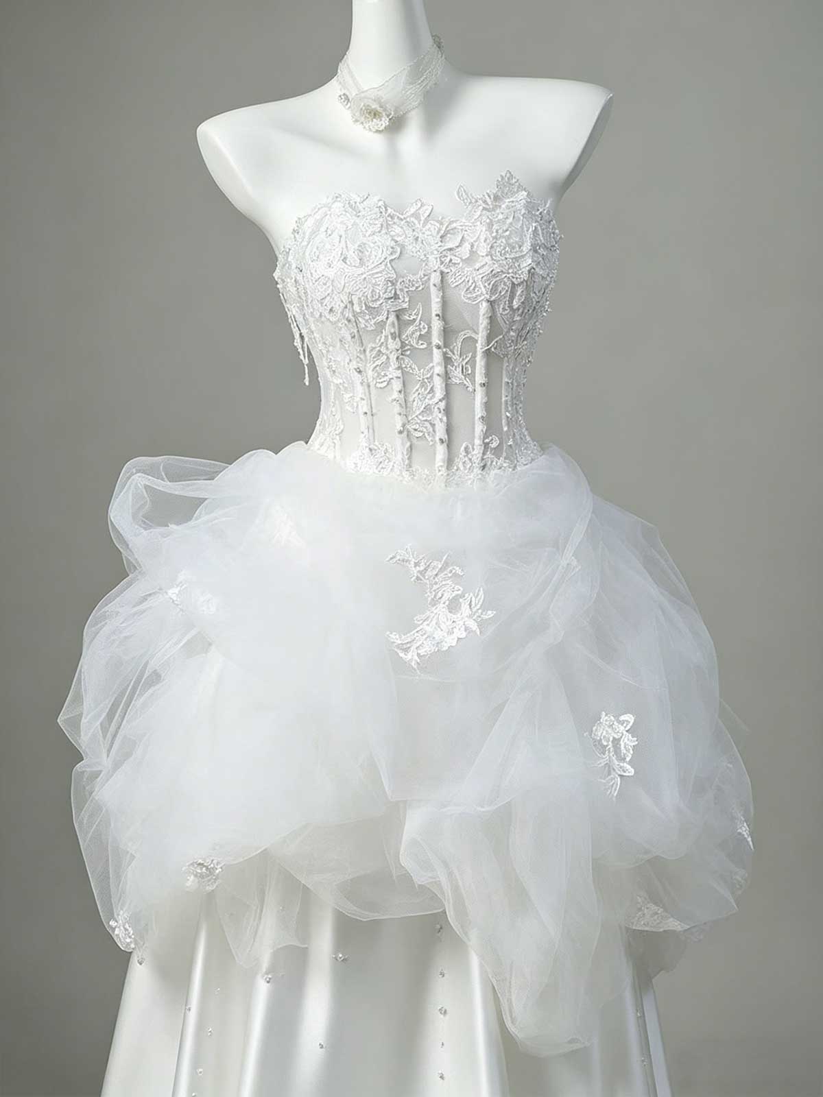 White Lace Corset Satin A-Line Wedding Dress with Tulle Peplum
