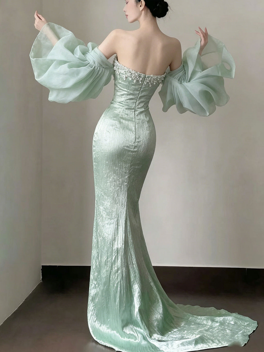 Mint Green Off Shoulder Pearl Sweetheart Mermaid Gown with Voluminous Organza Puff Sleeves