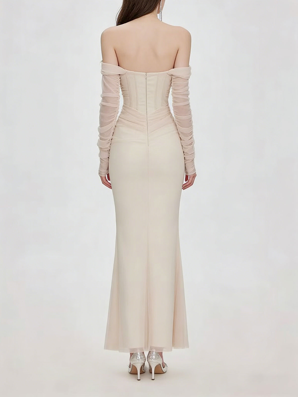 Champagne Sheer Mesh Long Sleeve Off-the-Shoulder Mermaid Evening Dress