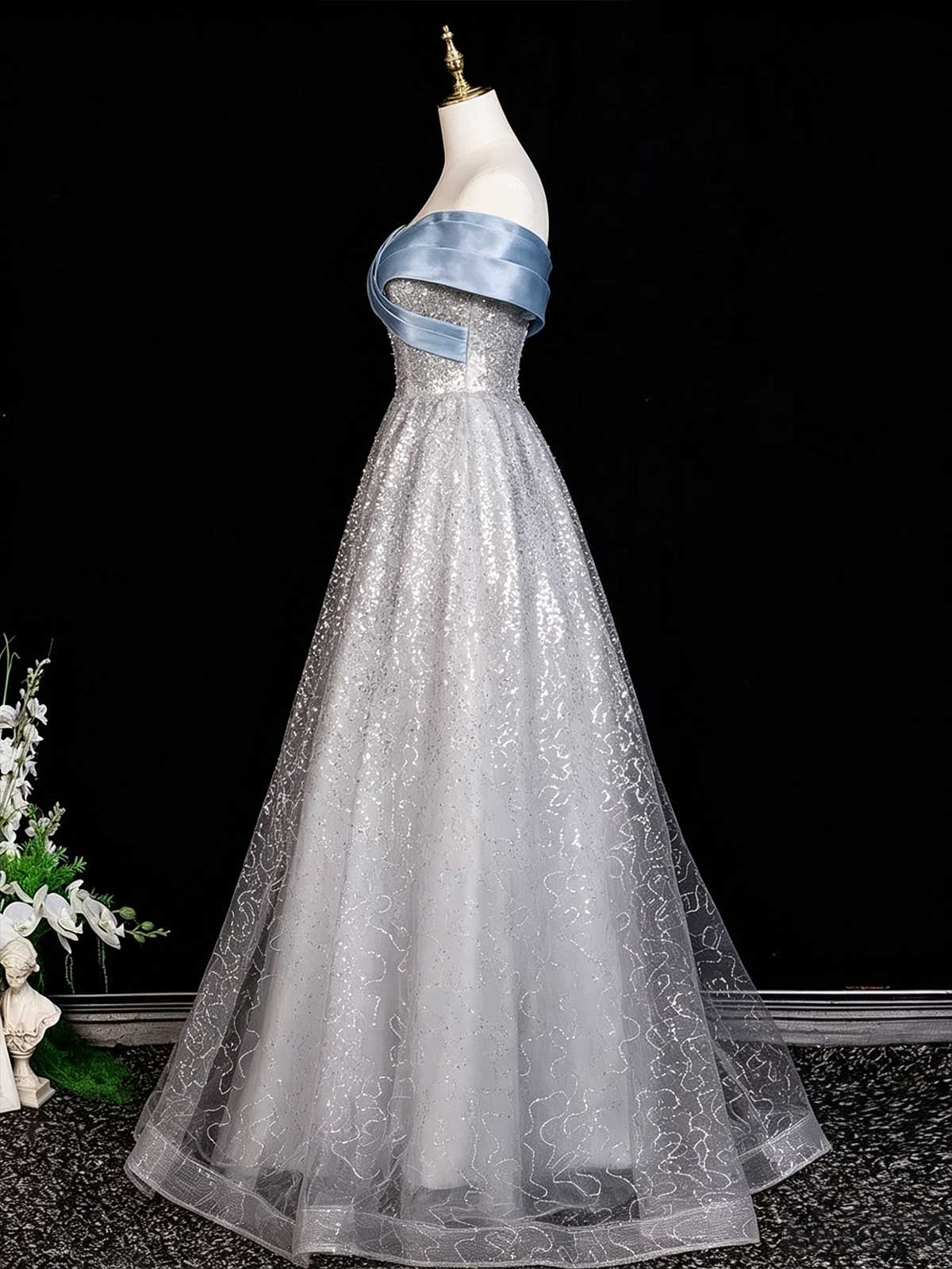 Silver Blue Off-the-Shoulder Satin & Sequin A-Line Prom Dress