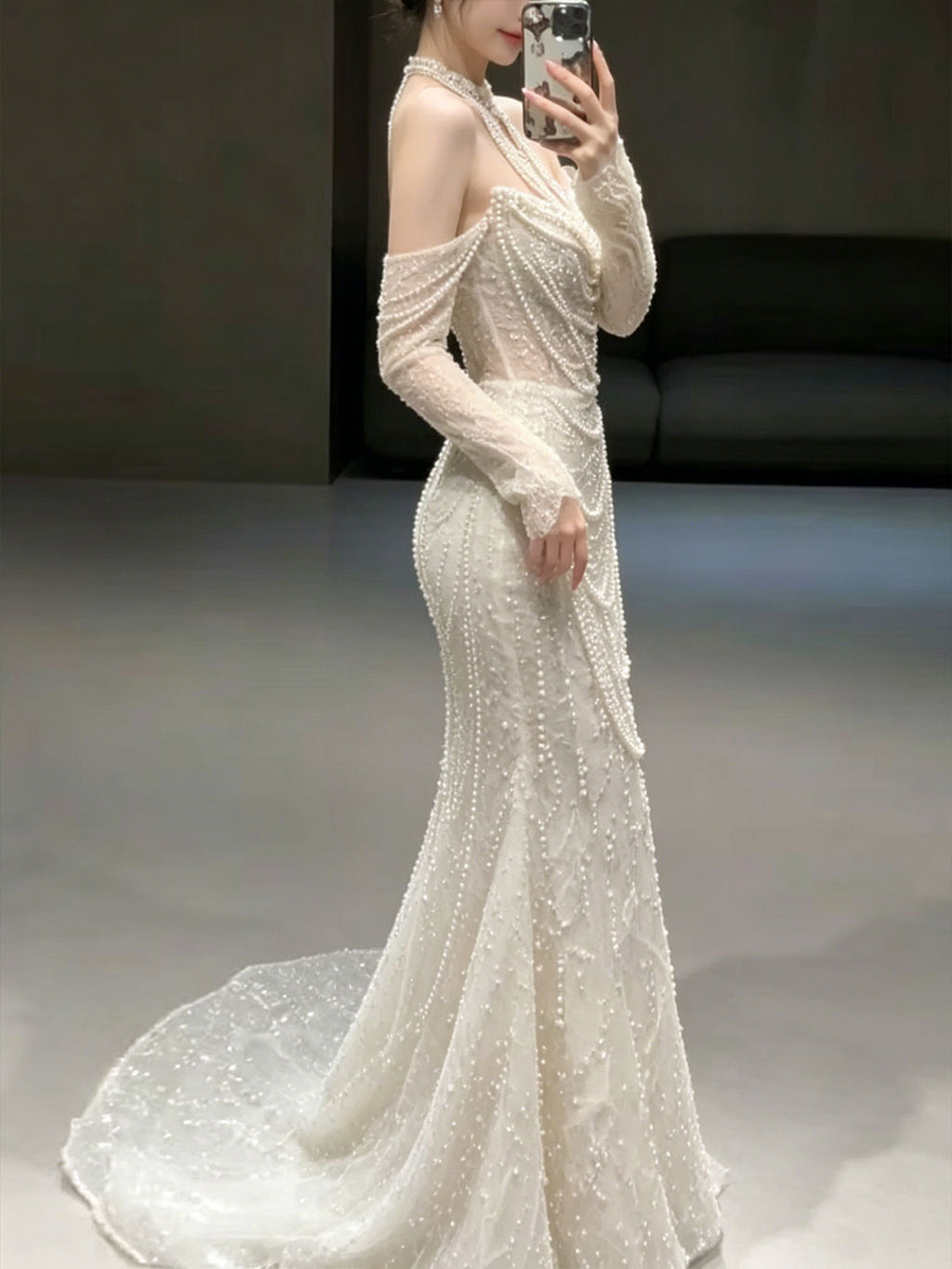 High Neck Pearl Beaded Sheer Mesh Mermaid Train Wedding Gown