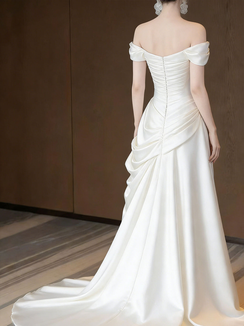 Ivory Satin Off-the-Shoulder A-Line Wedding Gown with Side Draping