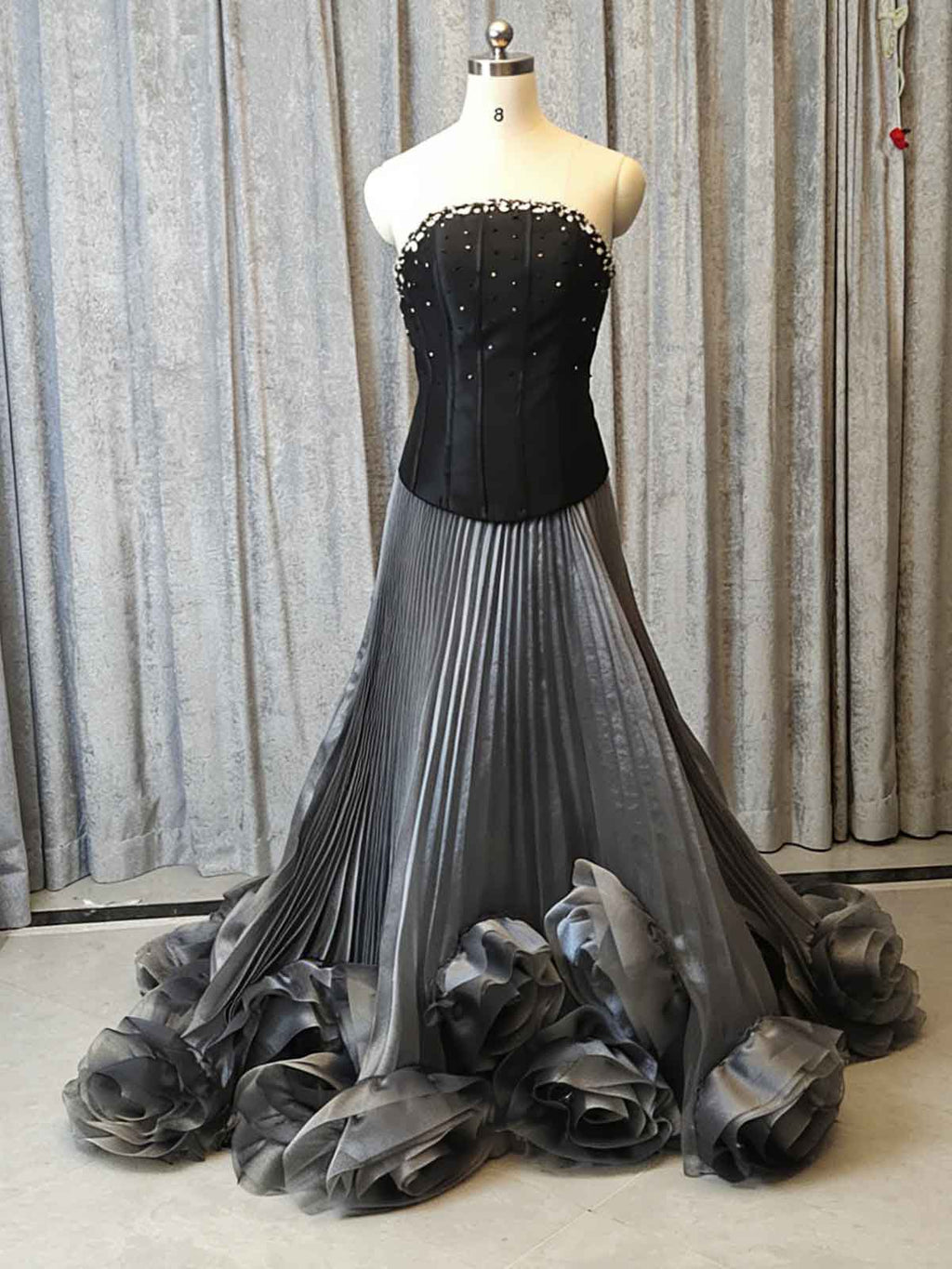 Luxury Gray Evening Gown with Beaded Corset & 3D Flower Train