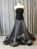 Luxury Gray Evening Gown with Beaded Corset & 3D Flower Train