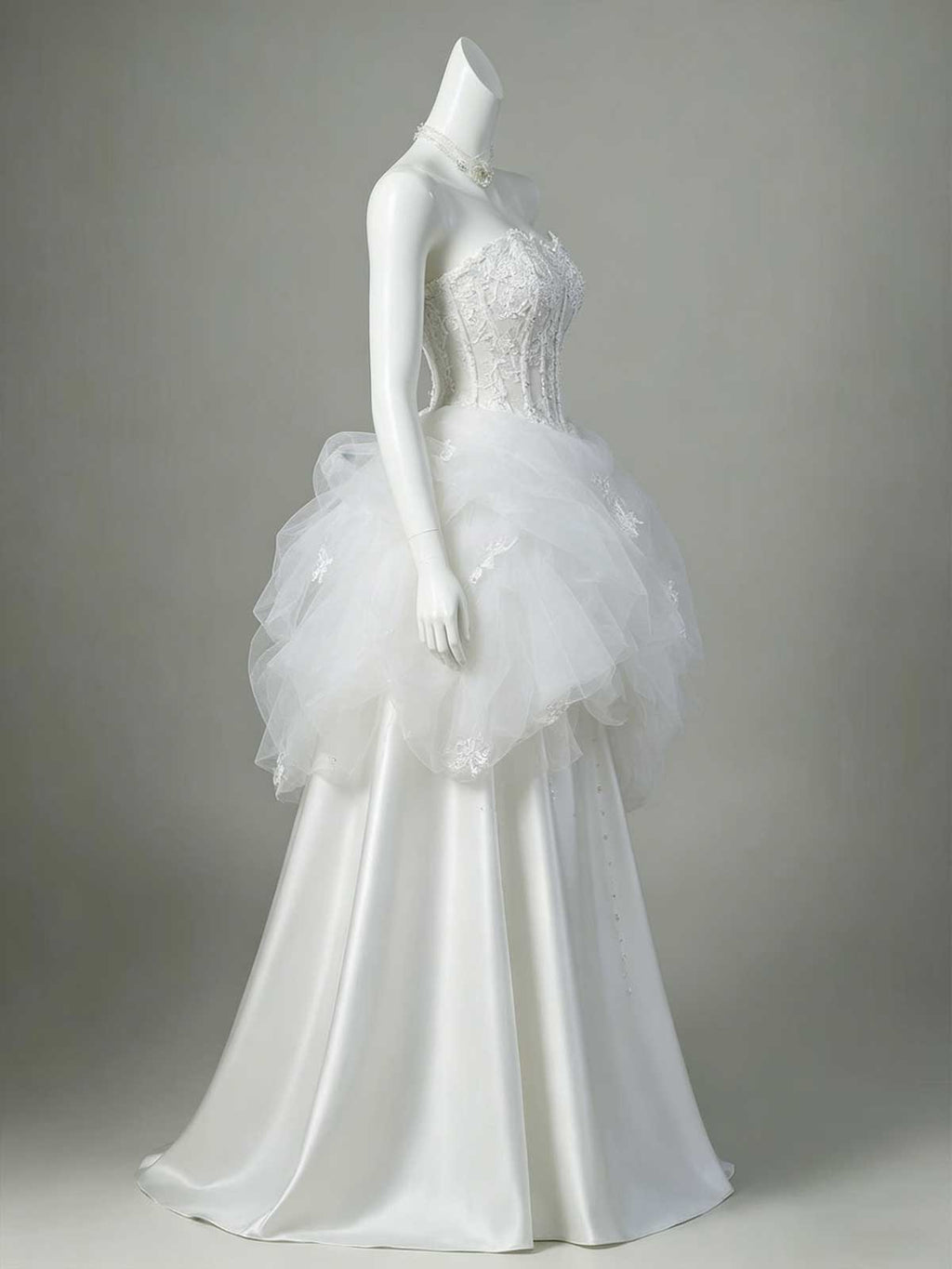 White Lace Corset Satin A-Line Wedding Dress with Tulle Peplum