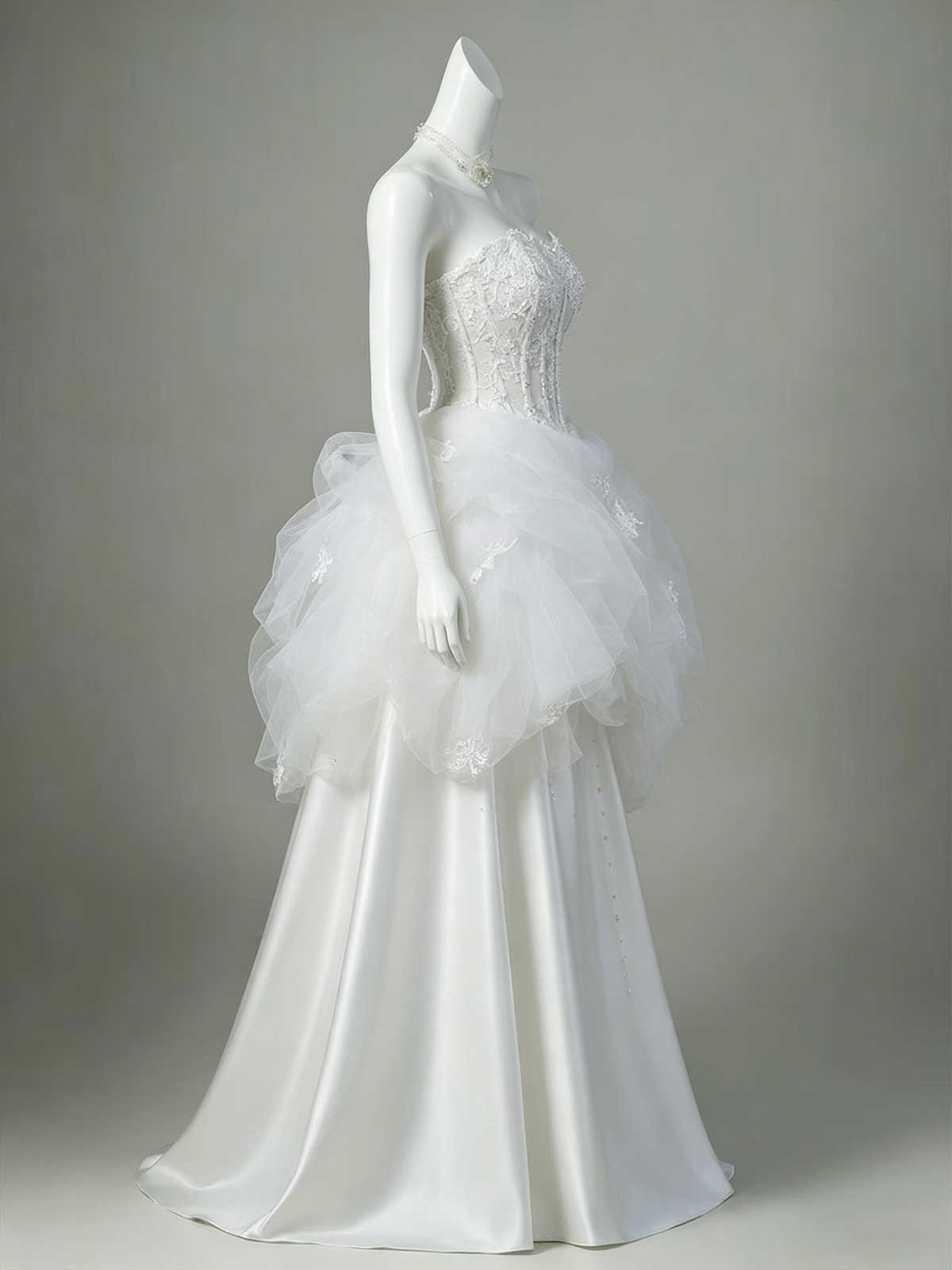 White Lace Corset Satin A-Line Wedding Dress with Tulle Peplum