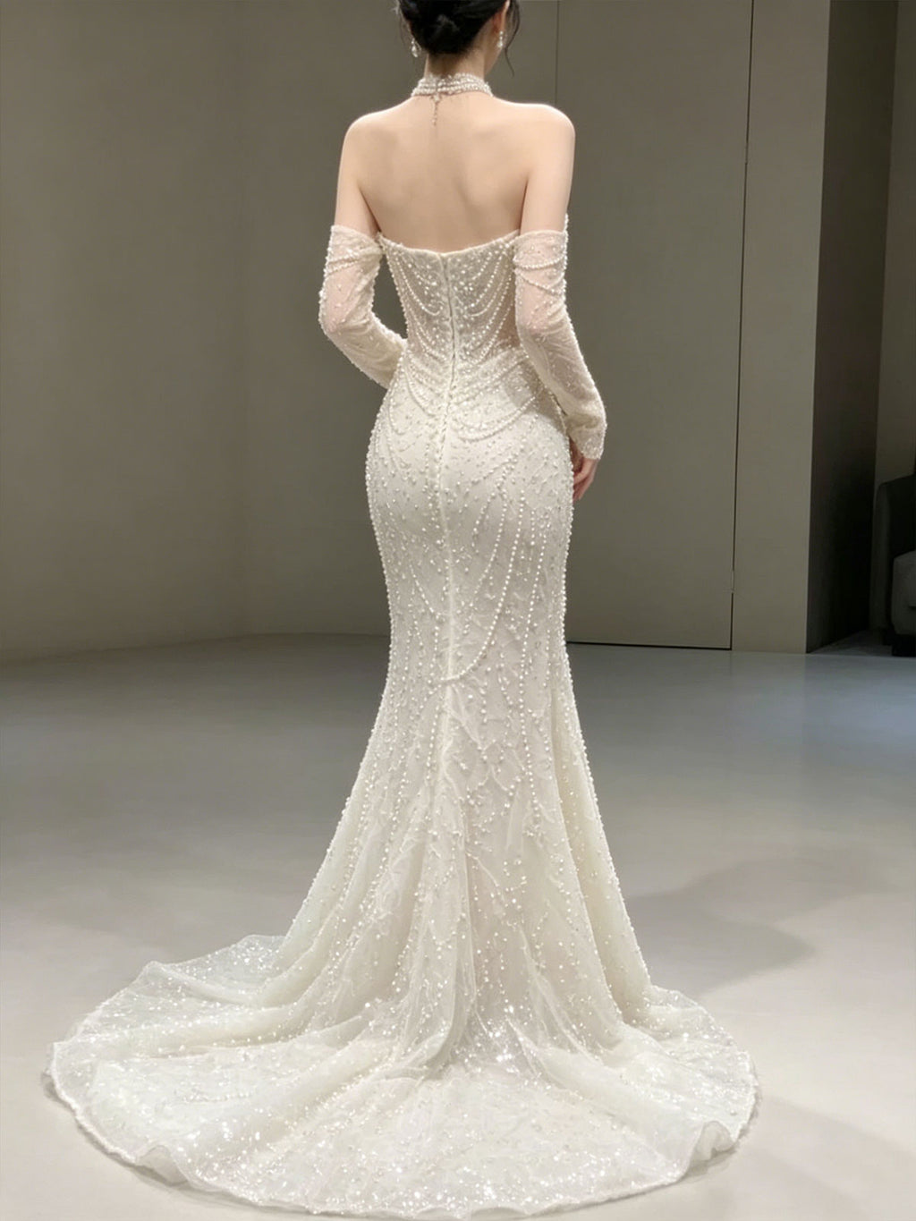 High Neck Pearl Beaded Sheer Mesh Mermaid Train Wedding Gown