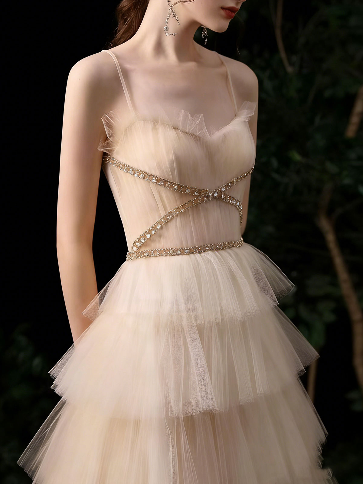 Champagne Gold Beaded Spaghetti Strap Tiered Tulle A-Line Prom Gown