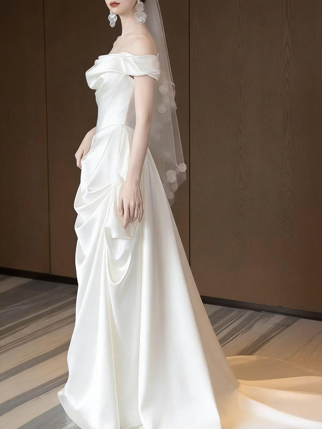 Ivory Satin Off-the-Shoulder A-Line Wedding Gown with Side Draping