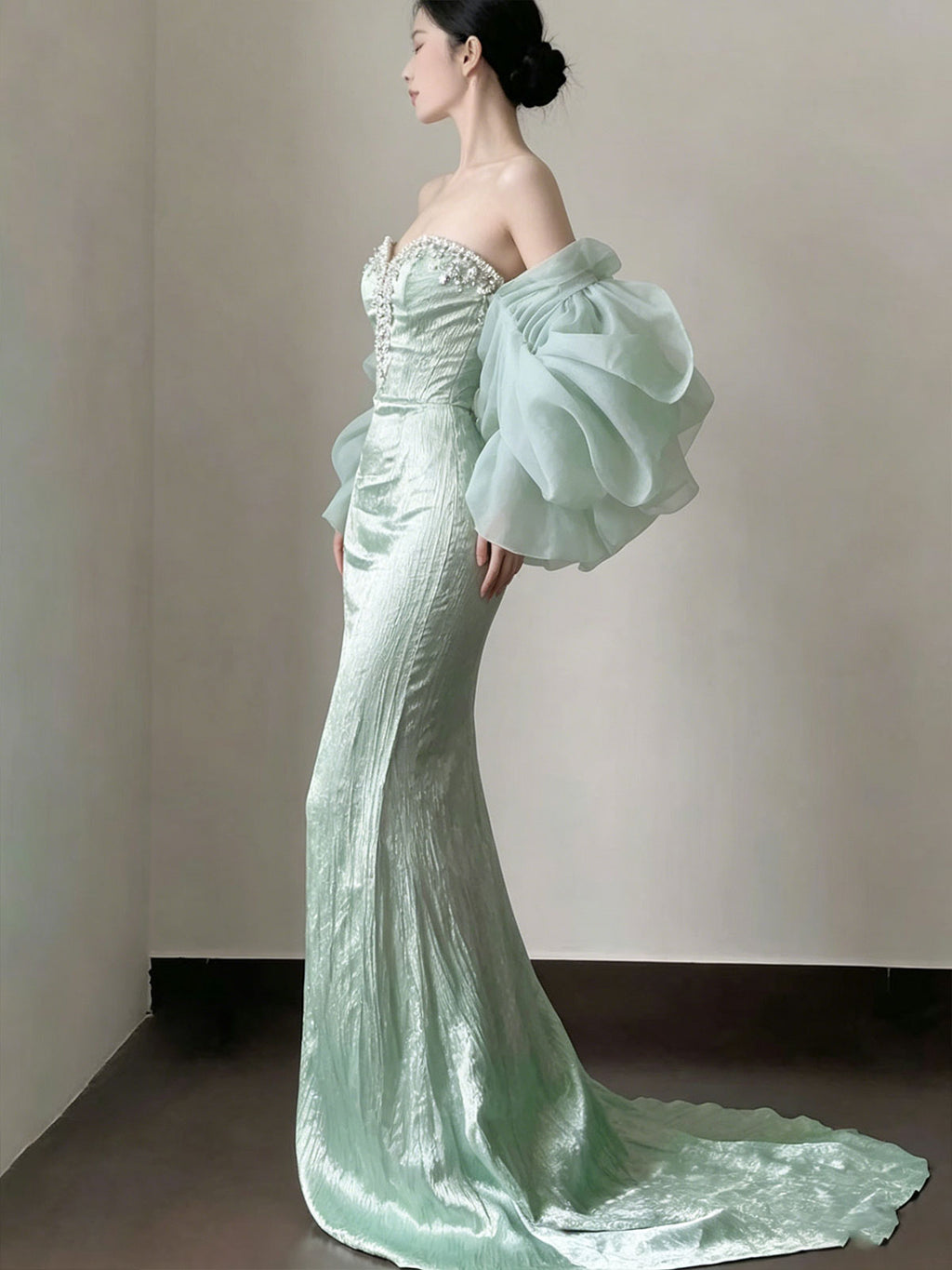 Mint Green Off Shoulder Pearl Sweetheart Mermaid Gown with Voluminous Organza Puff Sleeves