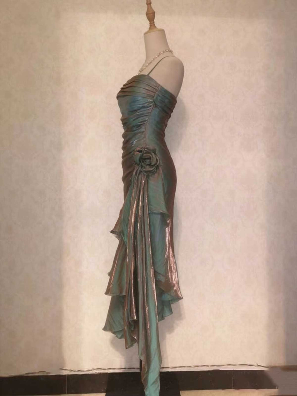 Teal Metallic Ruffled Midi Dress with Floral Accent