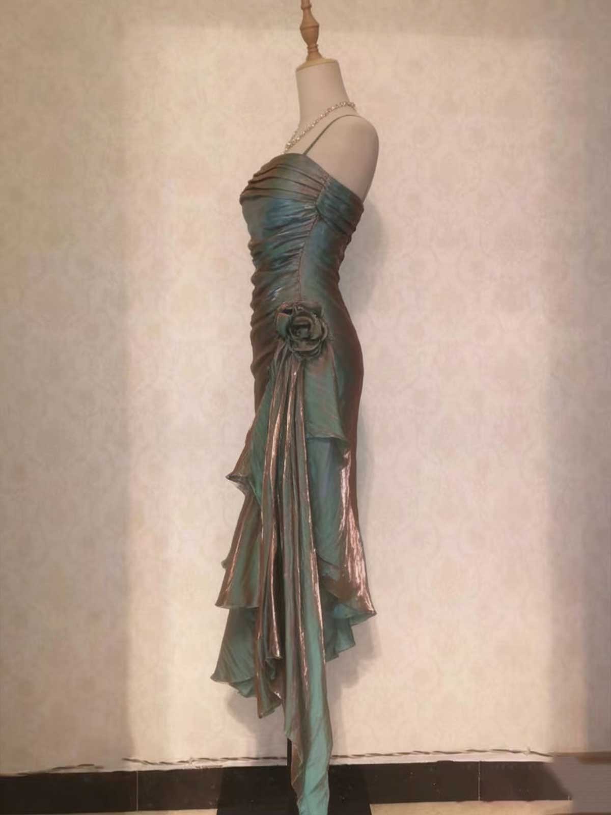 Teal Metallic Ruffled Midi Dress with Floral Accent