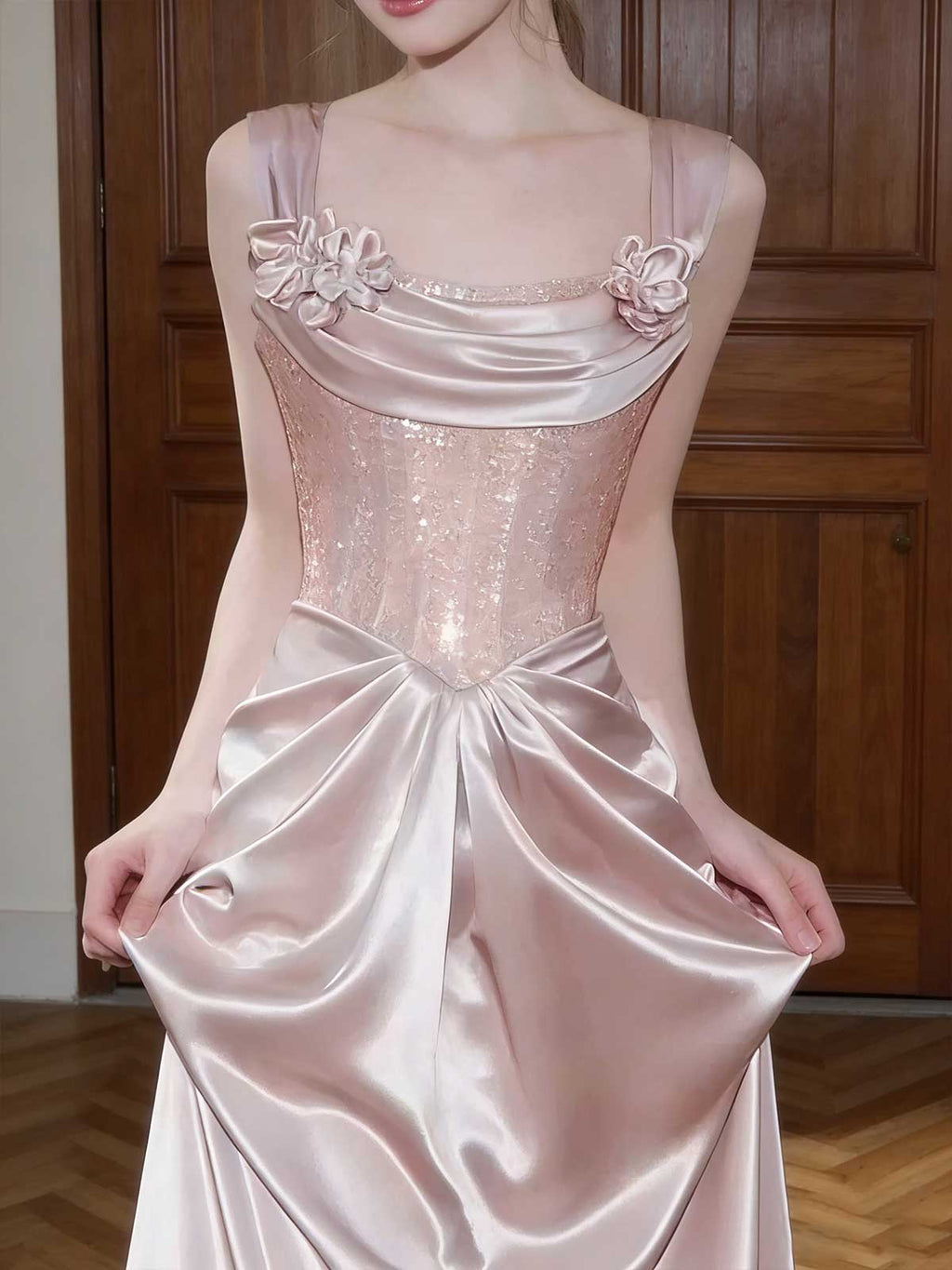 Elegant Blush Pink Satin Evening Gown with Floral Appliqués