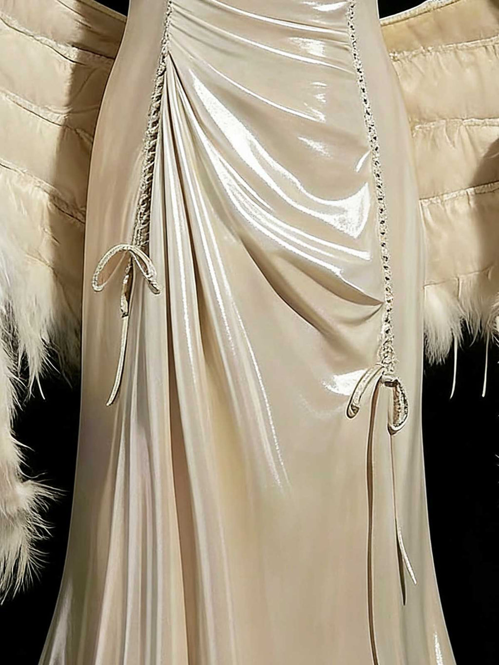 Luxury Champagne Satin Mermaid Evening Gown with Feather Shawl