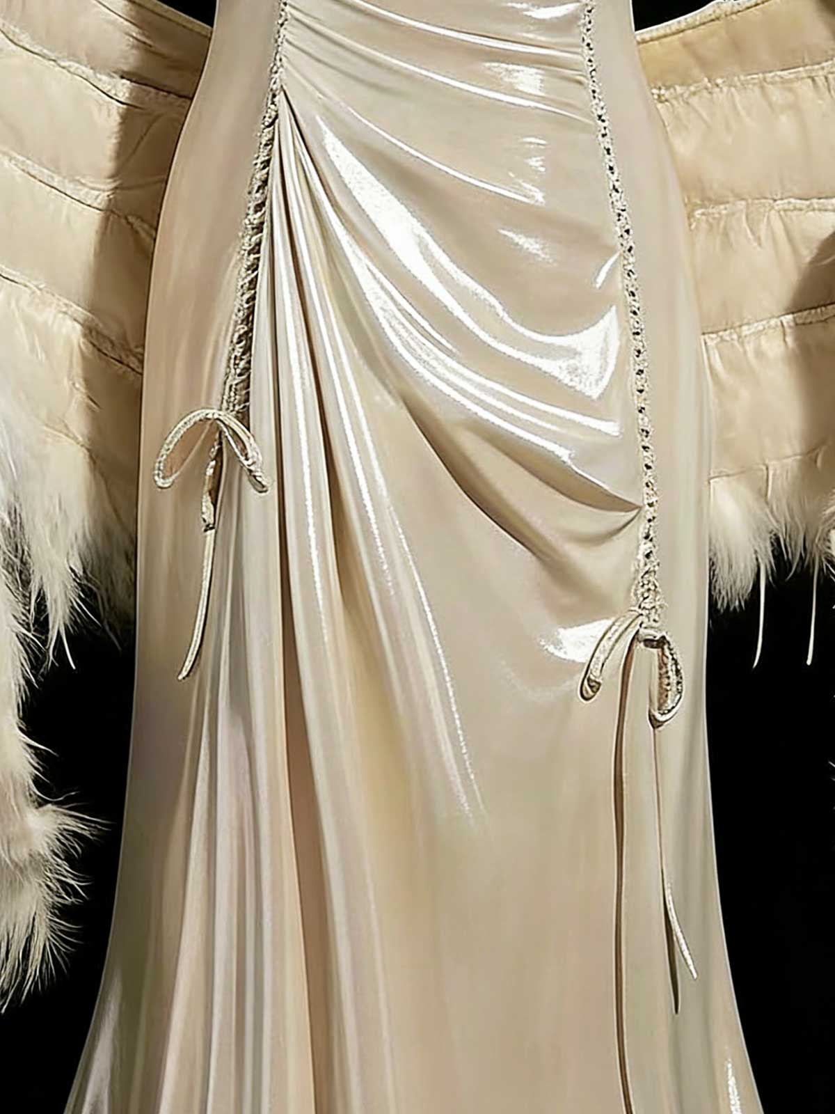 Luxury Champagne Satin Mermaid Evening Gown with Feather Shawl