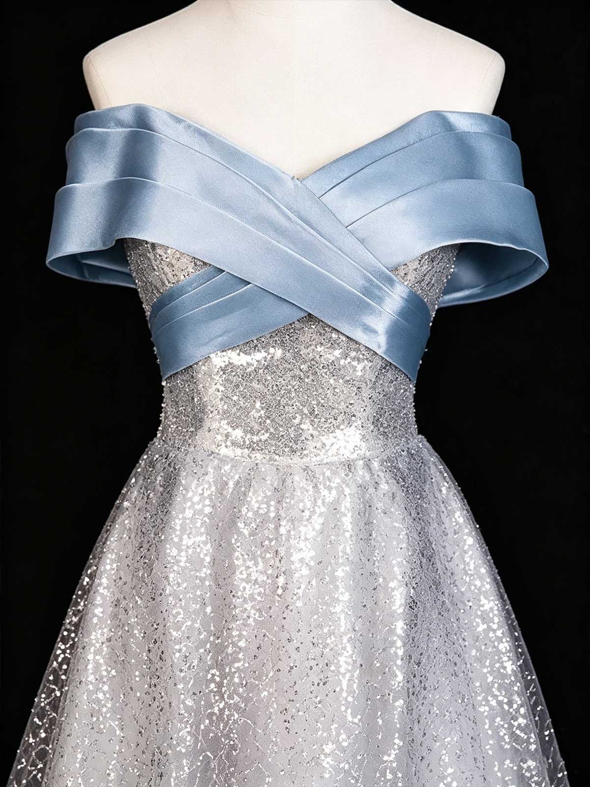 Silver Blue Off-the-Shoulder Satin & Sequin A-Line Prom Dress