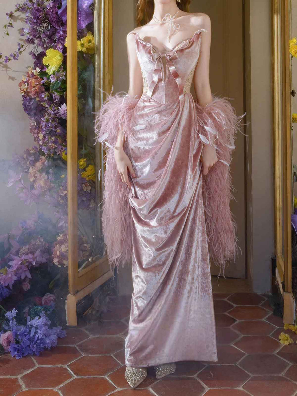 Pink Velvet Feather Evening Gown for Prom & Wedding Receptions