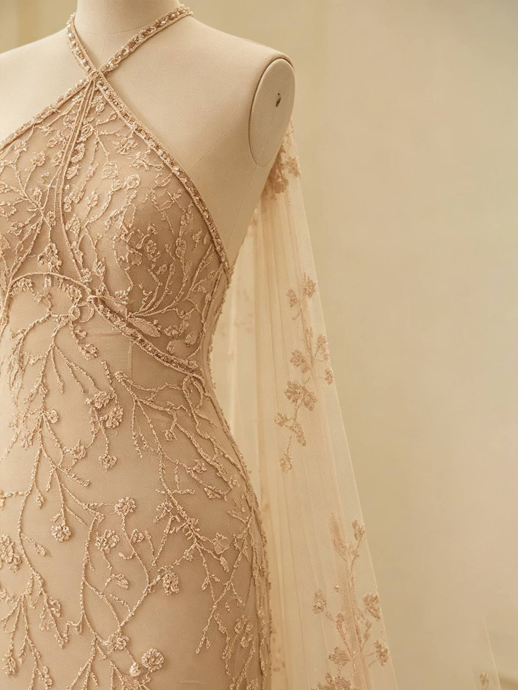 Champagne Beaded Halter Neck Evening Gown with Tulle Cape