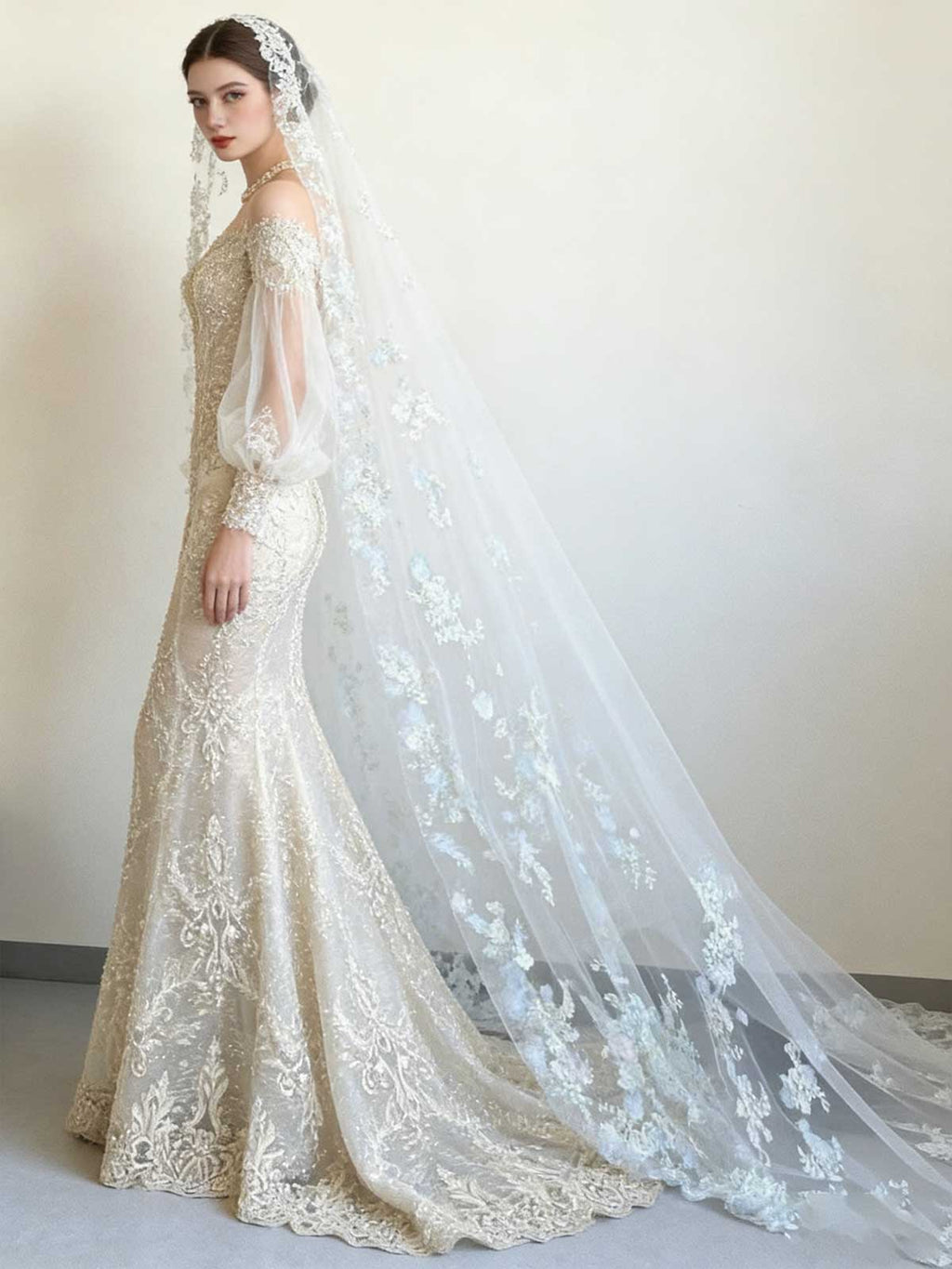 Luxury Champagne Mermaid Bridal Gown with Floral Embellished Train