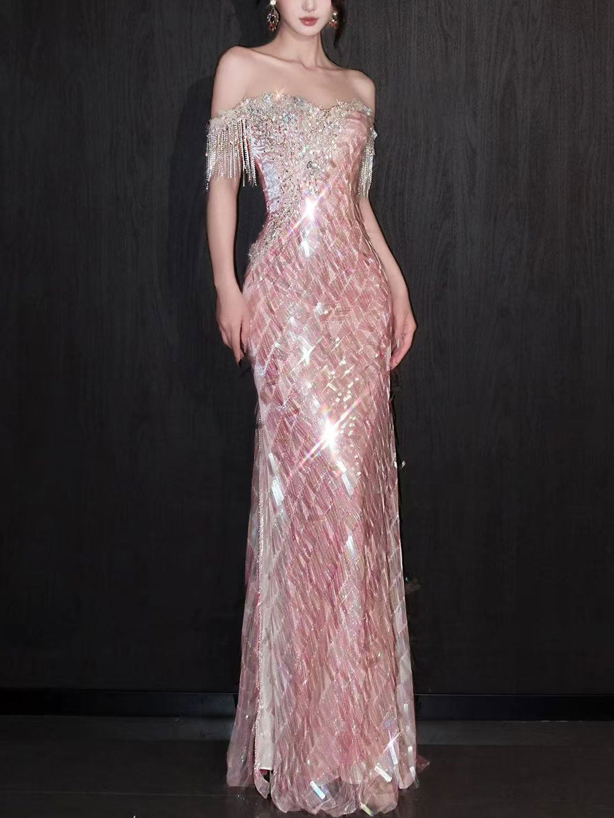 Off Shoulder Fringe Beaded Iridescent Sequin Mermaid Evening Gown Pink Formal Dress