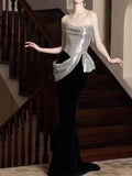 Silver Sequin Black Velvet Colorblock Strapless Mermaid Evening Gown