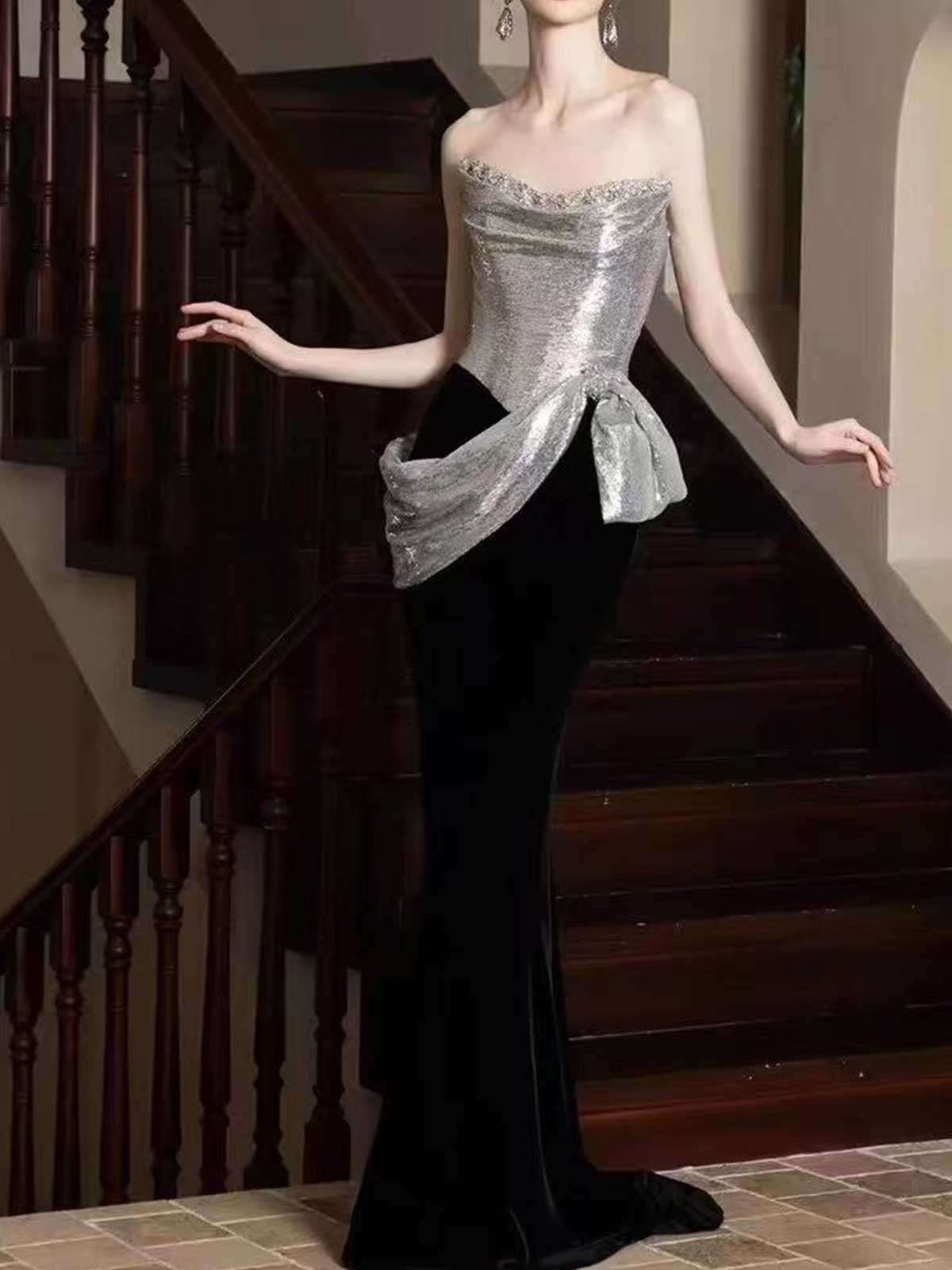 Silver Sequin Black Velvet Colorblock Strapless Mermaid Evening Gown