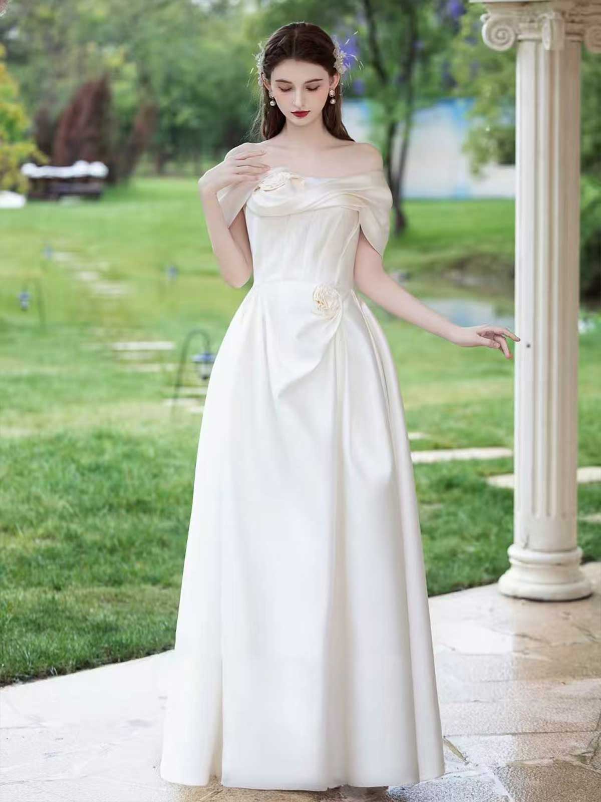 Ivory Satin Off-the-Shoulder A-Line Wedding Dress with 3D Floral
