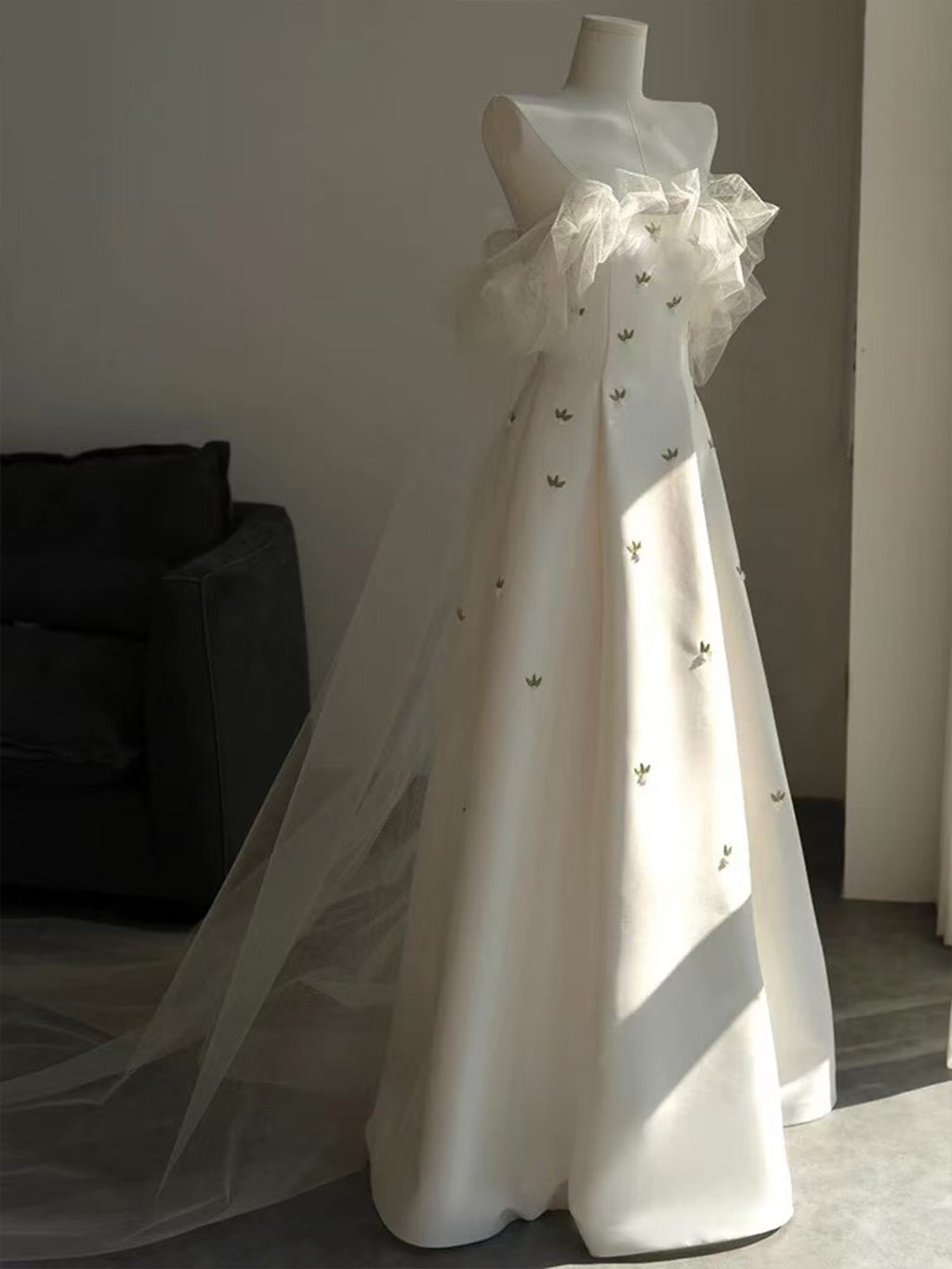 Strapless Tulle Ruffle Embroidered Satin A-Line Wedding Gown