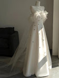 Strapless Tulle Ruffle Embroidered Satin A-Line Wedding Gown