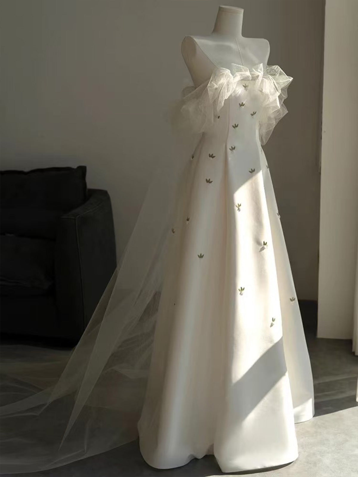 Strapless Tulle Ruffle Embroidered Satin A-Line Wedding Gown