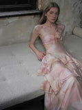 Pink Gradient One-Shoulder Satin High Slit Evening Gown