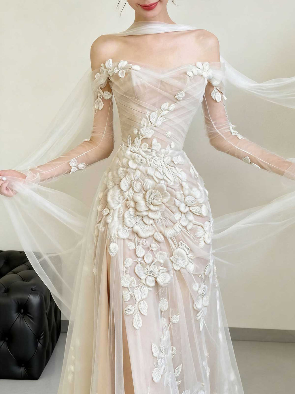 Ethereal Off-Shoulder 3D Floral Tulle Gown with Sheer Sleeves