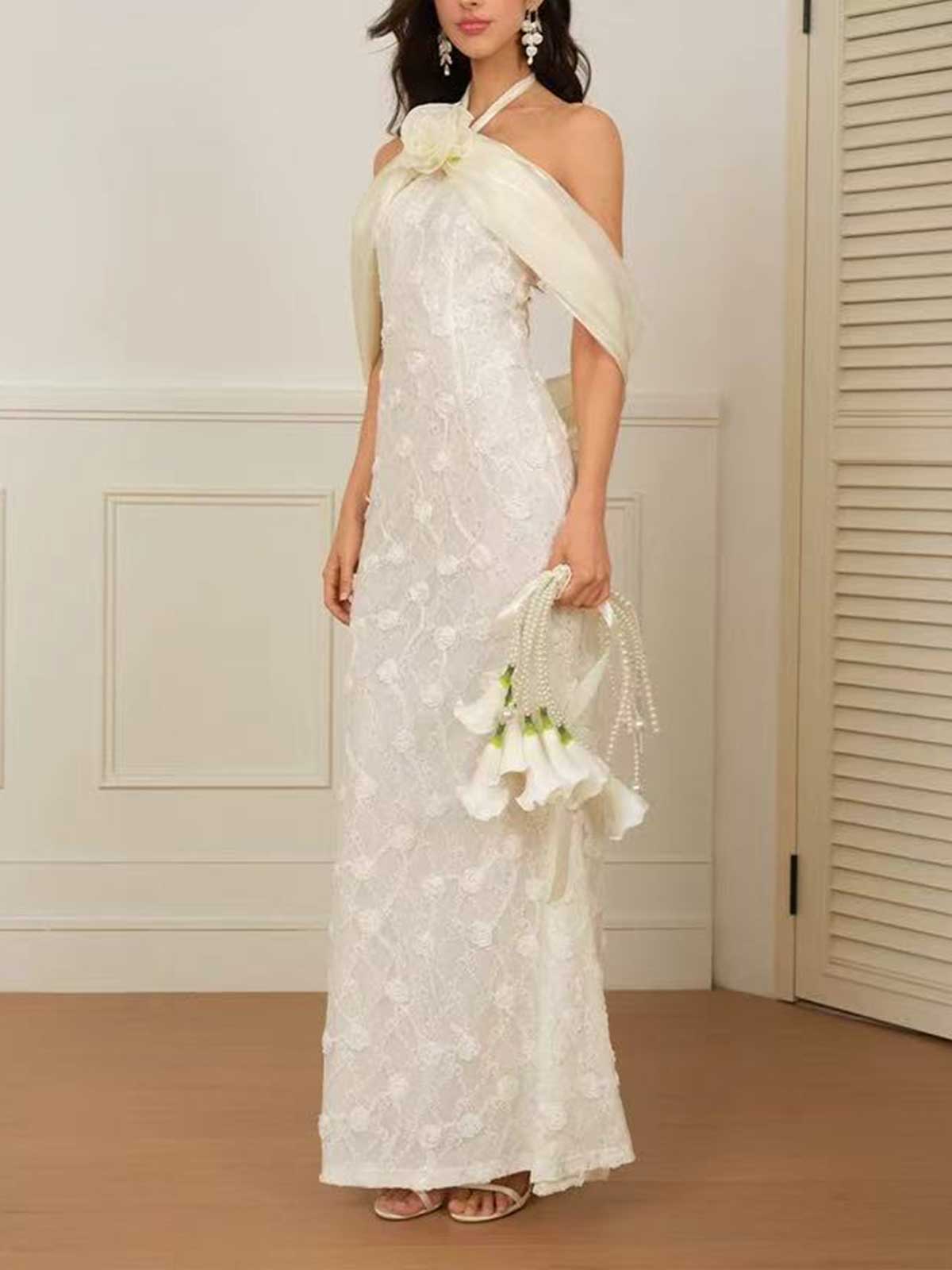 Ivory Floral Lace Halter Mermaid Formal Gown with Satin Bow Detail Wedding Dress
