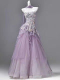 Lavender Purple Strapless 3D Floral Lace Tulle Ball Gown with Sheer Shawl