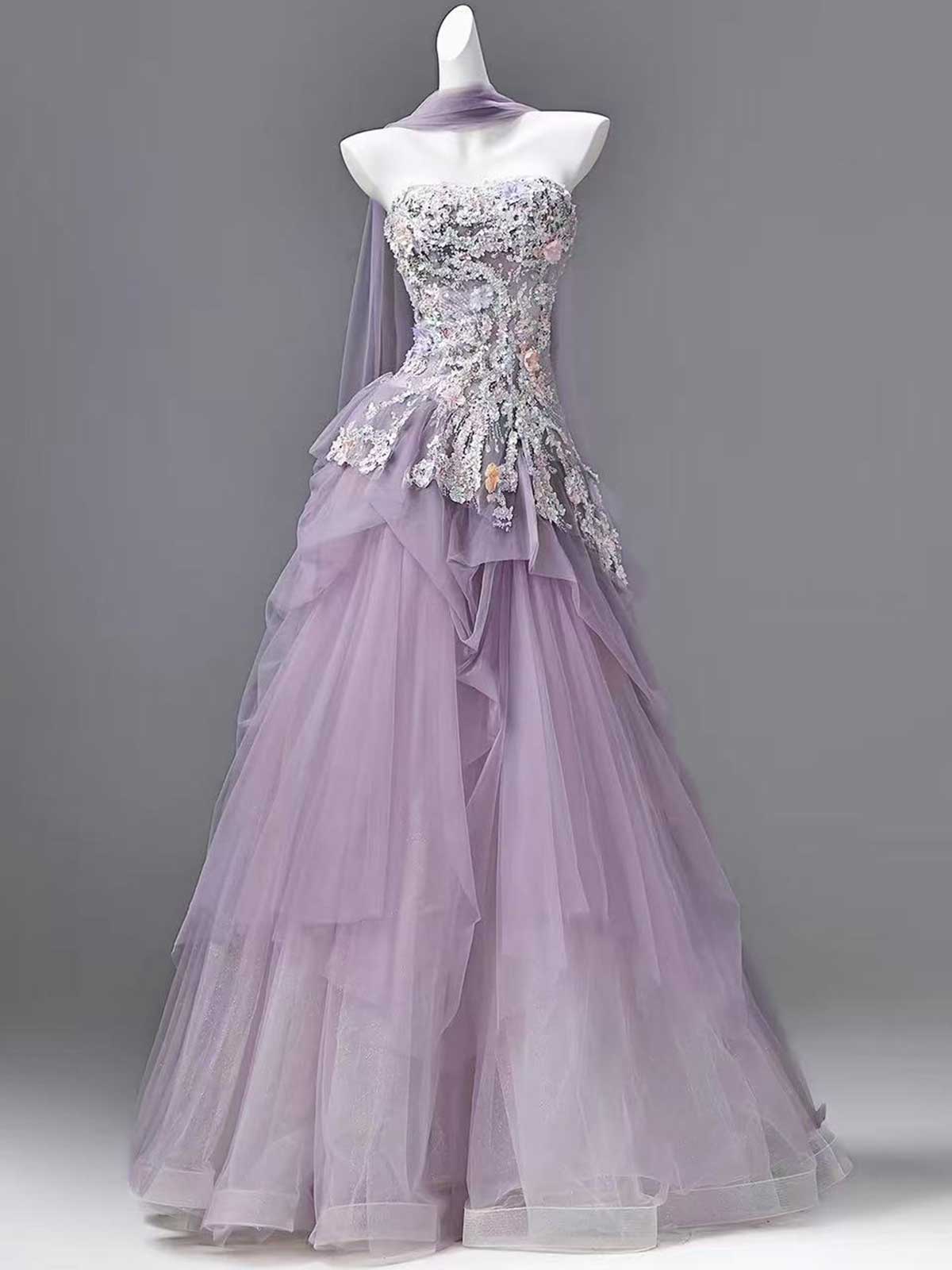 Lavender Purple Strapless 3D Floral Lace Tulle Ball Gown with Sheer Shawl