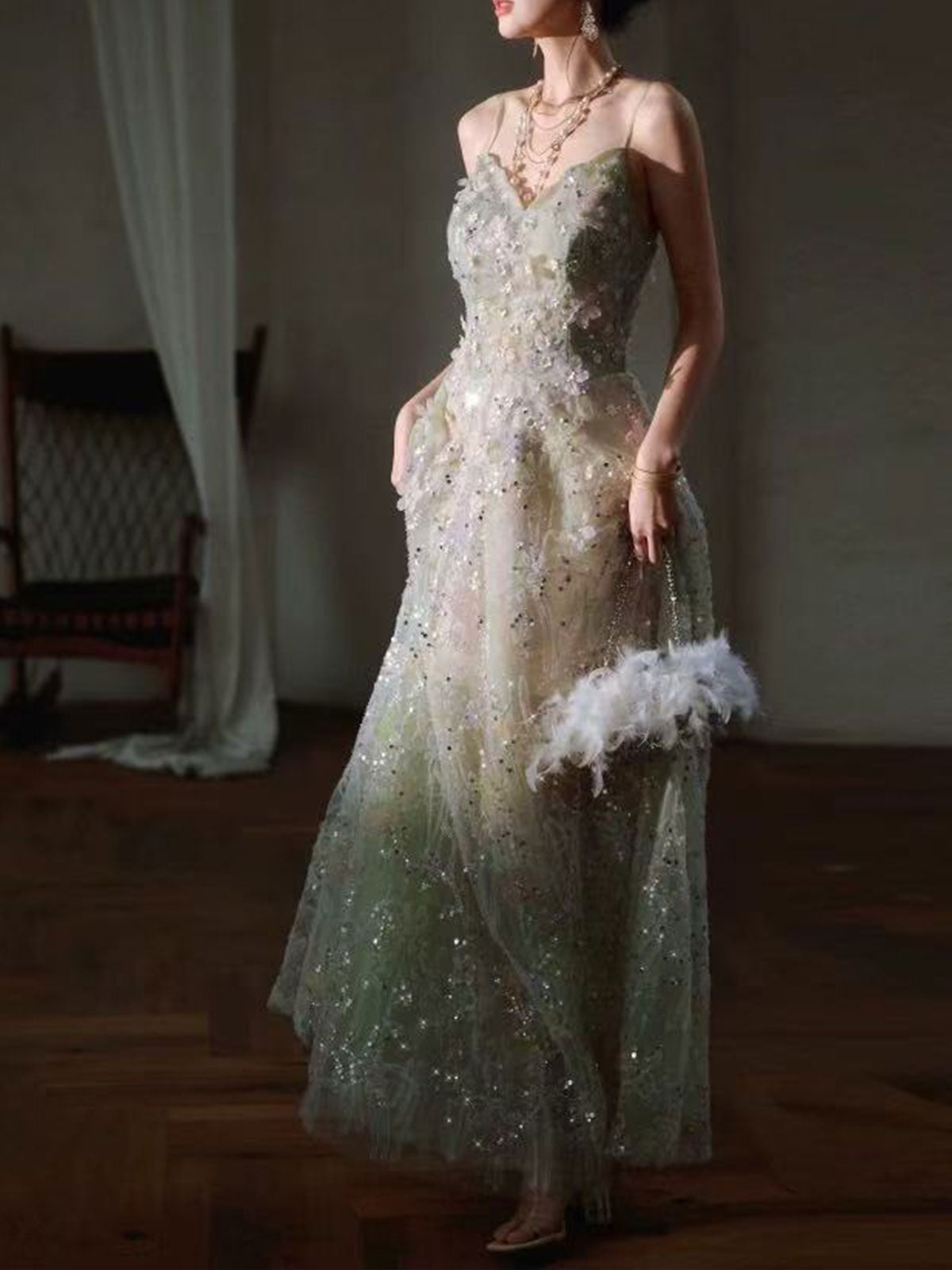 Mint Green Gradient 3D Floral Sequin Spaghetti Strap A-Line Evening Gown