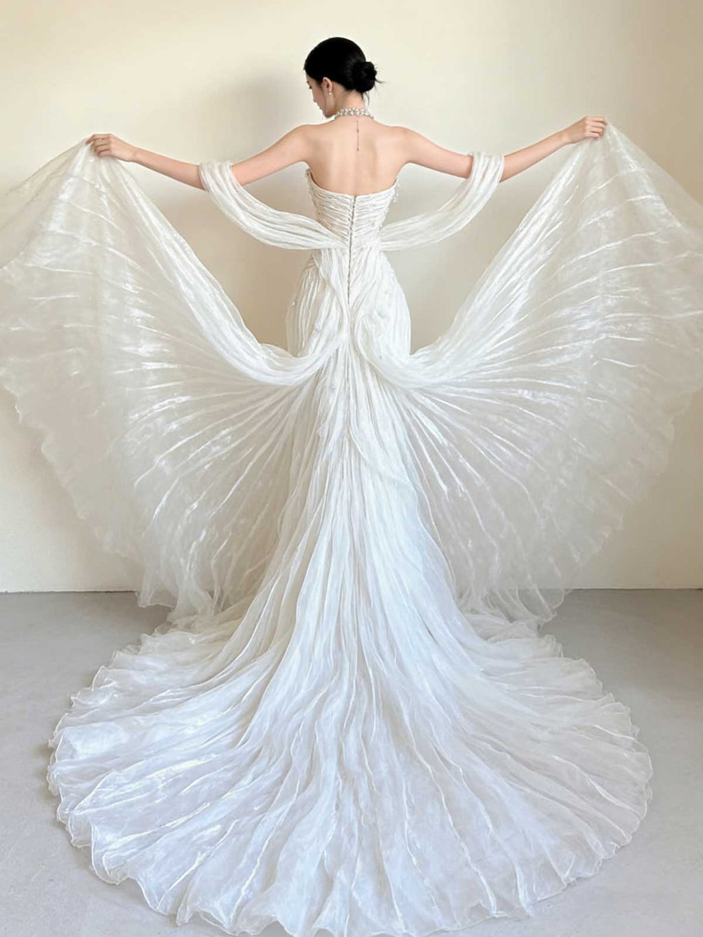 Stunning Ruched Organza Wedding Gown with Detachable Overskirt & Dramatic Train