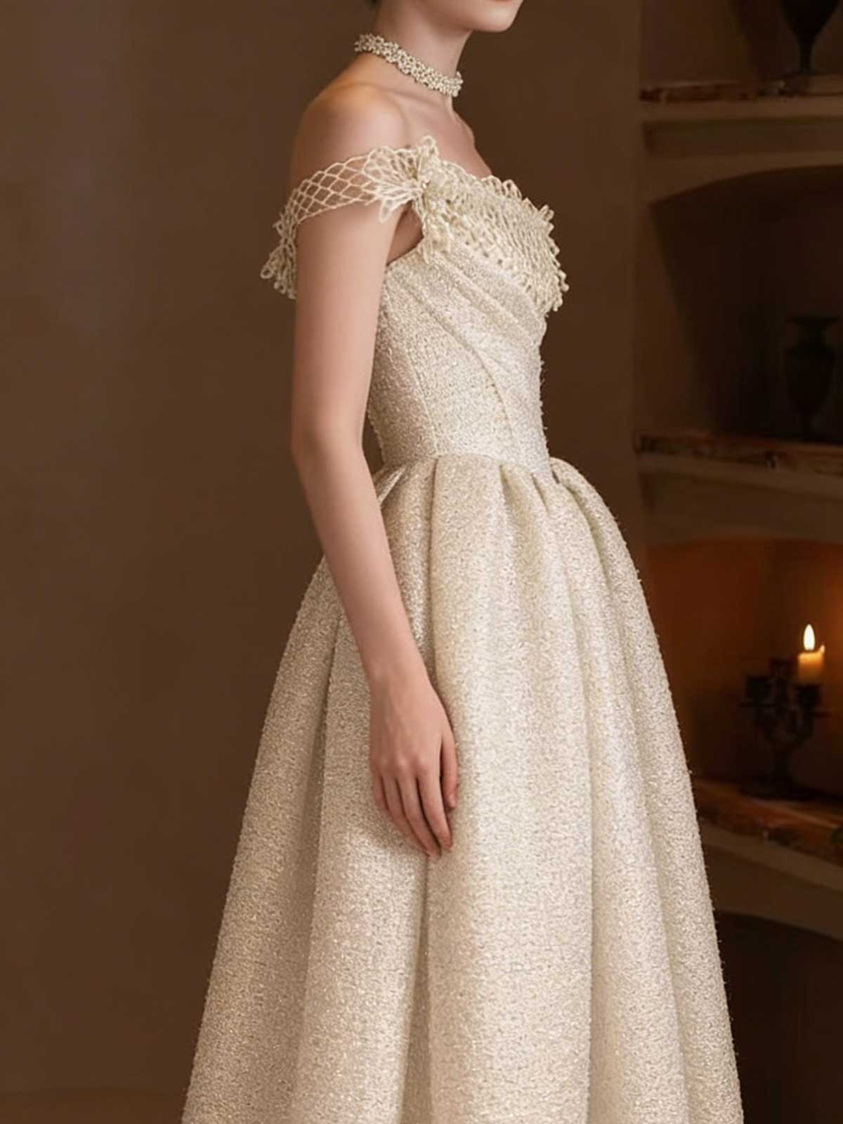 Off-the-Shoulder Ball Gown with Lace Mesh Neckline & Glitter Tweed Fabric
